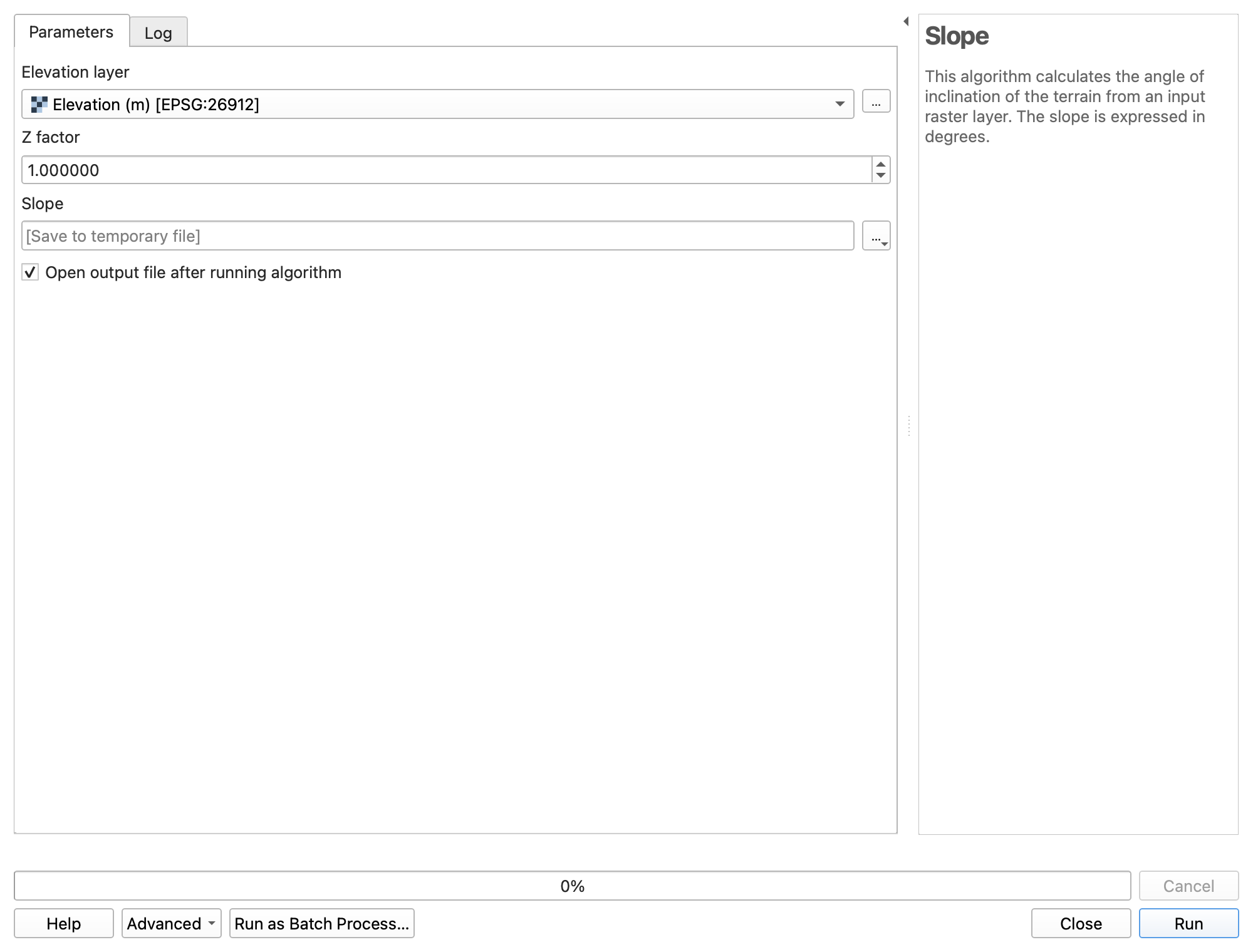 Slope tool dialog with the Elevation layer dropdown and the Slope output ellipses highlighted in red