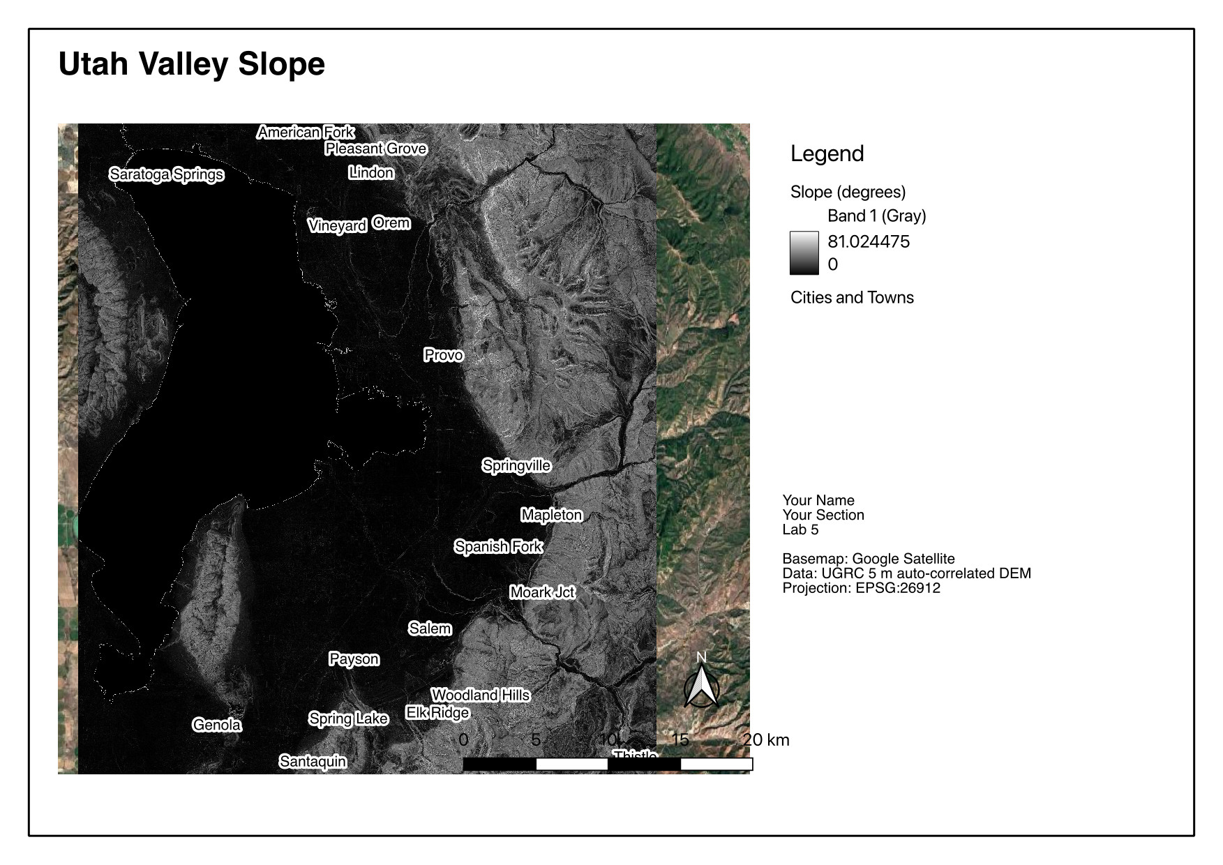 Example slope layout titled “Utah Valley Slope”, showing the grayscale slope raster with city labels, legend reading Slope (degrees), north arrow, scale bar, and citations