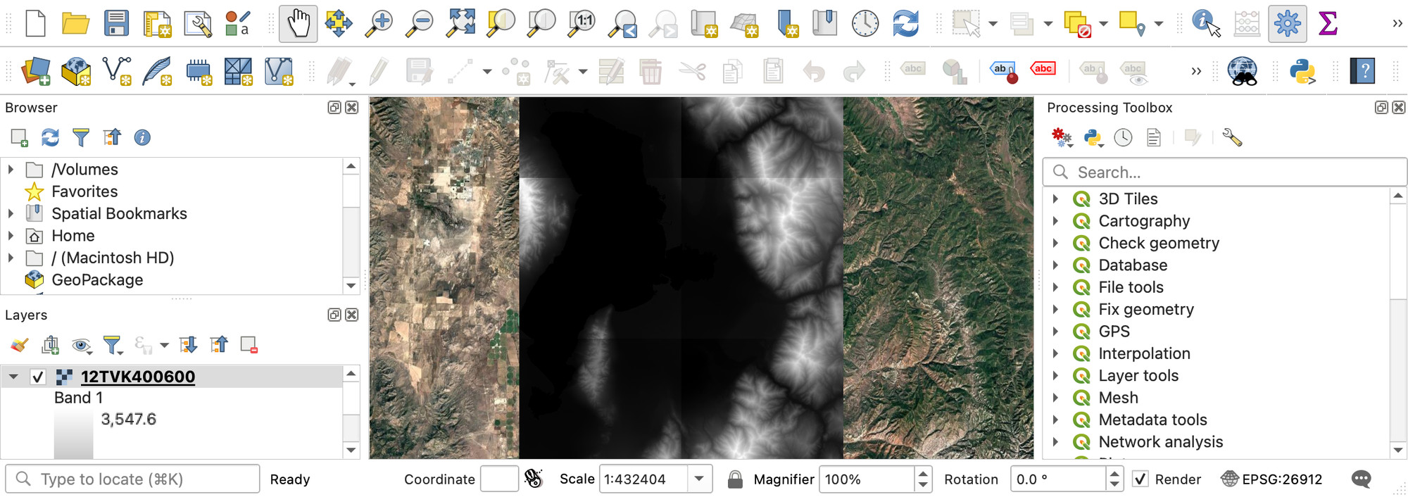 QGIS window showing the six grayscale DEM tiles added over the Google Satellite basemap, covering Utah Lake and Provo