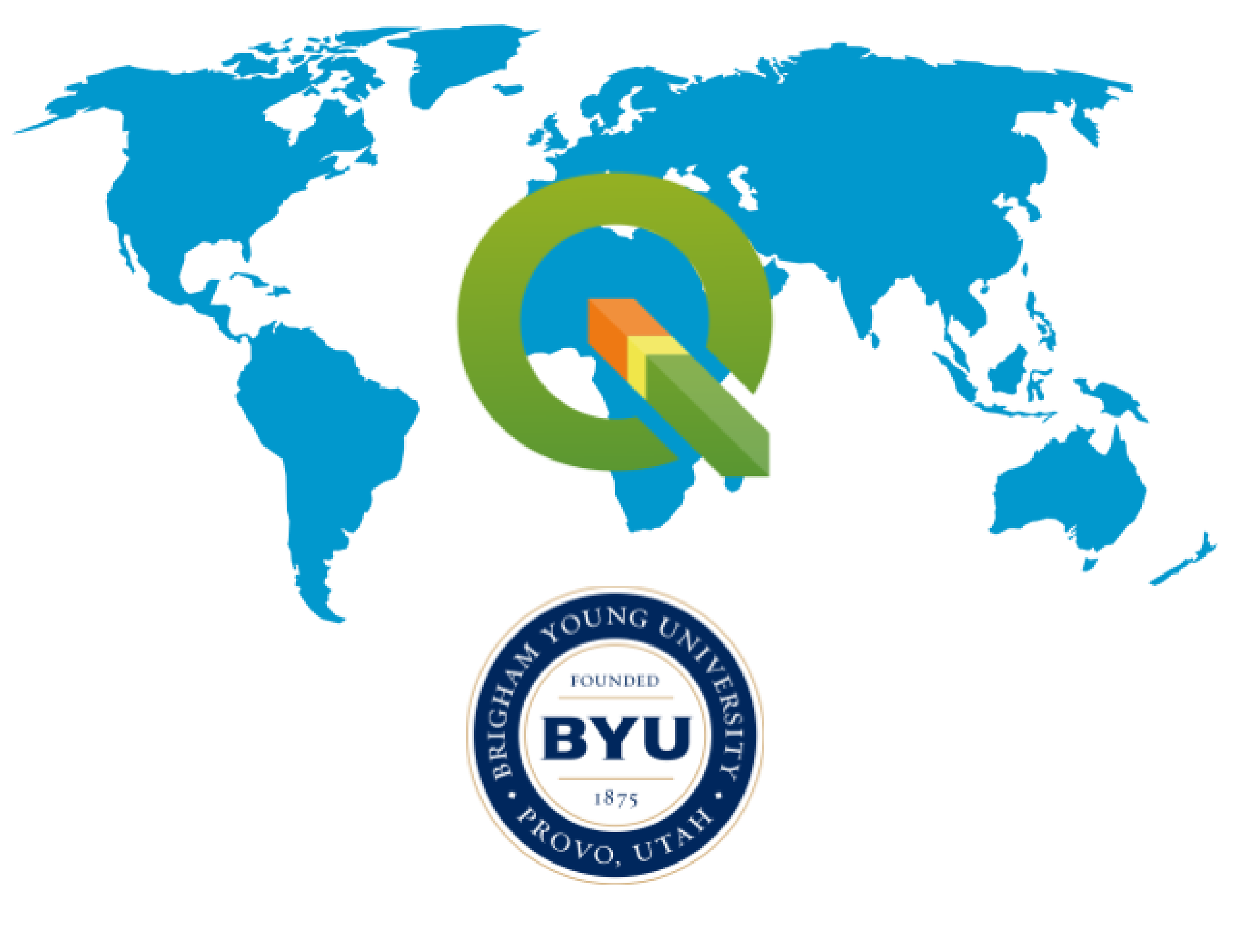 World map with QGIS and BYU logos