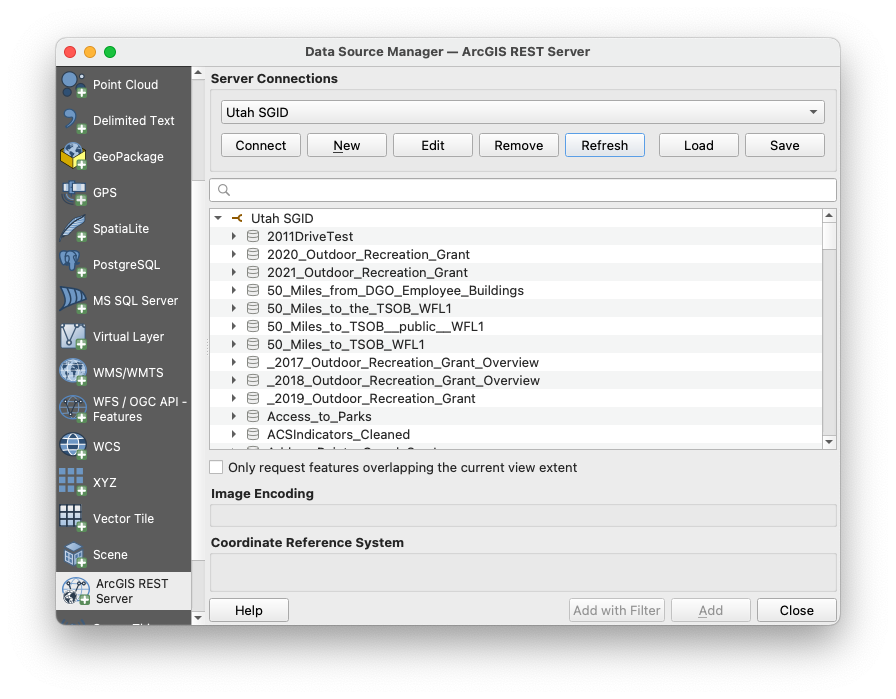 Data Source Manager with the Utah SGID ArcGIS REST Server connection expanded, listing its datasets