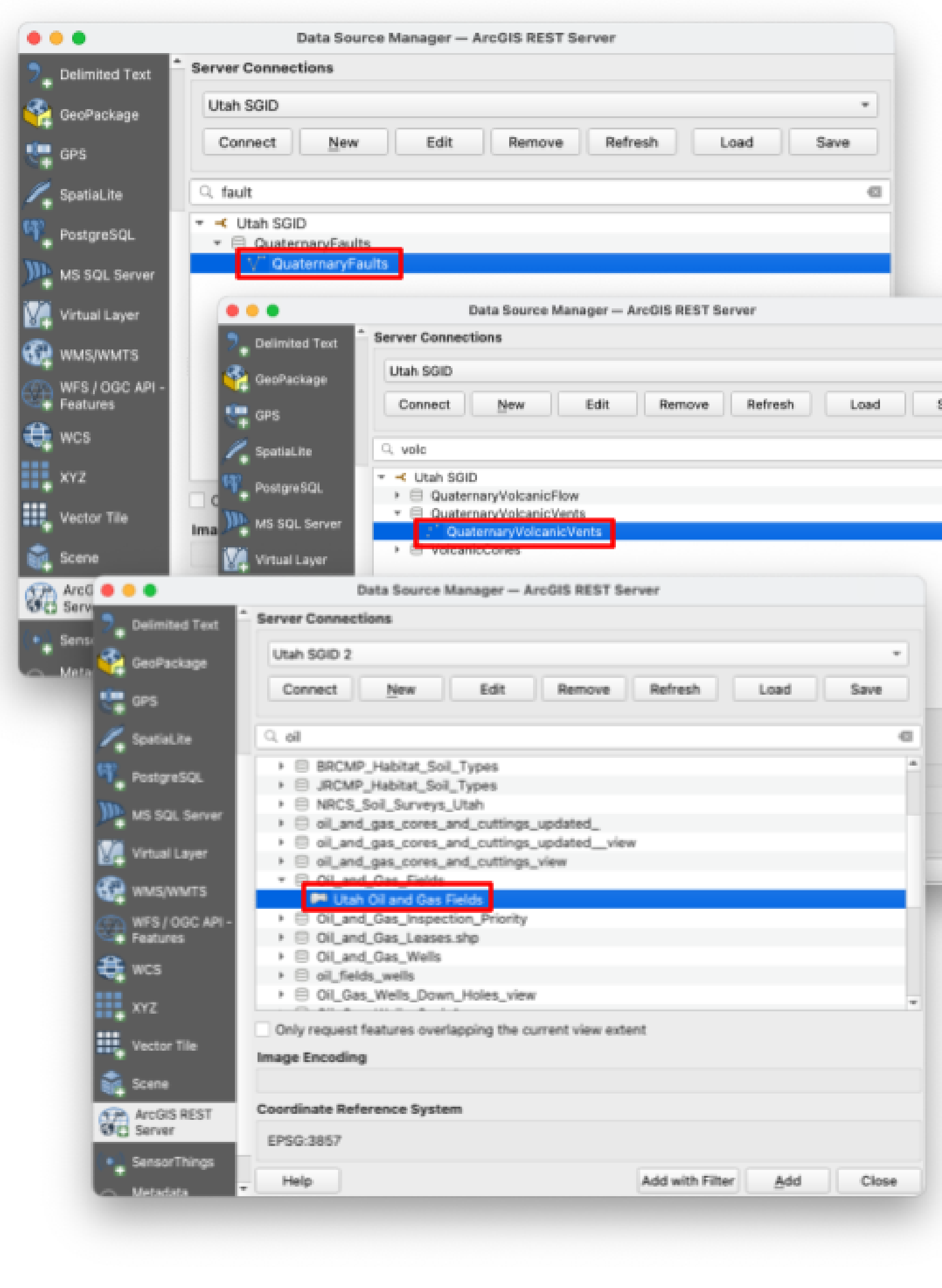 Three stacked Data Source Manager windows searching the Utah SGID connections for fault, volcanic, and oil datasets, with QuaternaryFaults, QuaternaryVolcanicVents, and Utah Oil and Gas Fields highlighted