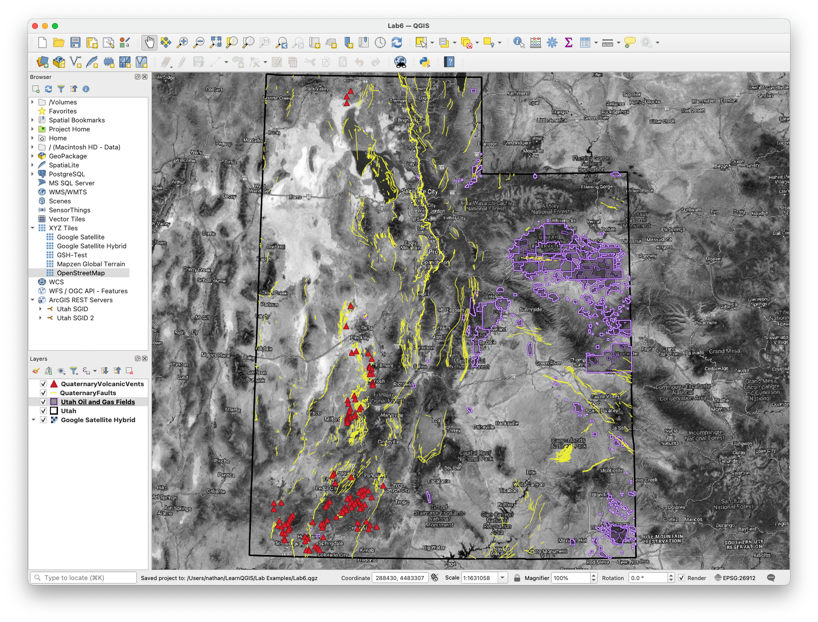 QGIS window with the example web-service layers styled: red volcanic vent triangles, yellow fault lines, and purple oil/gas field outlines over a satellite basemap