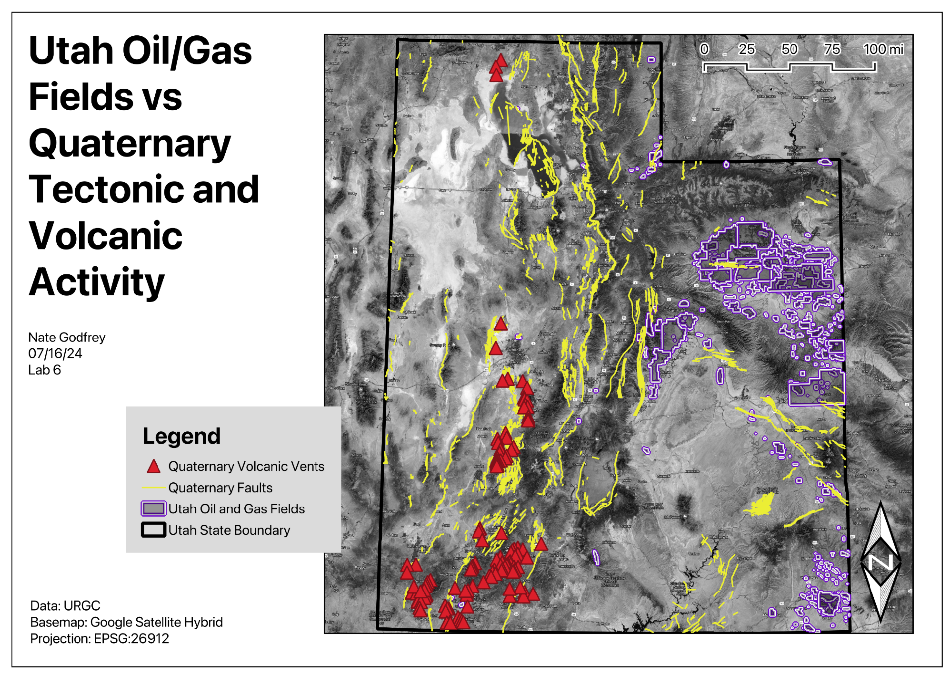 Example map layout titled Utah Oil/Gas Fields vs Quaternary Tectonic and Volcanic Activity, with legend, scale bar, north arrow, and citations