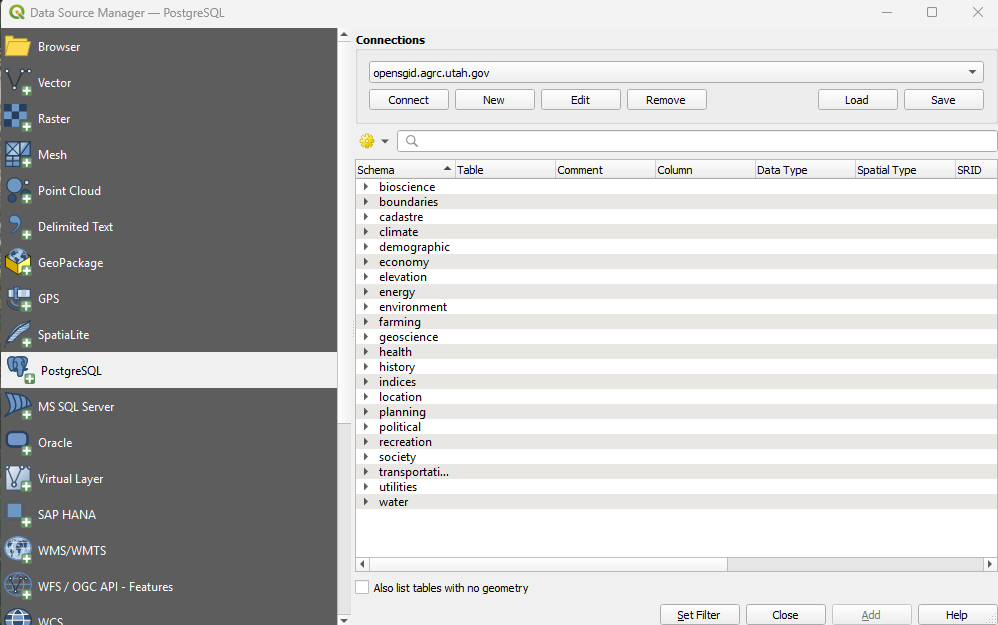 Data Source Manager, PostgreSQL tab, connected to the Open SGID with the category schemas listed