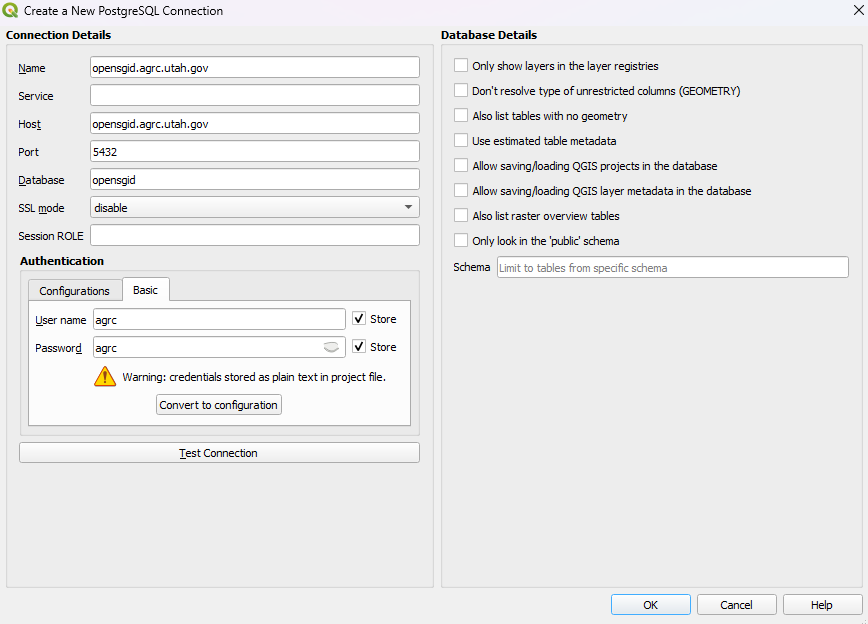 Create a New PostgreSQL Connection dialog filled in for the Open SGID: host opensgid.agrc.utah.gov, port 5432, database opensgid, SSL mode disable, user name and password agrc