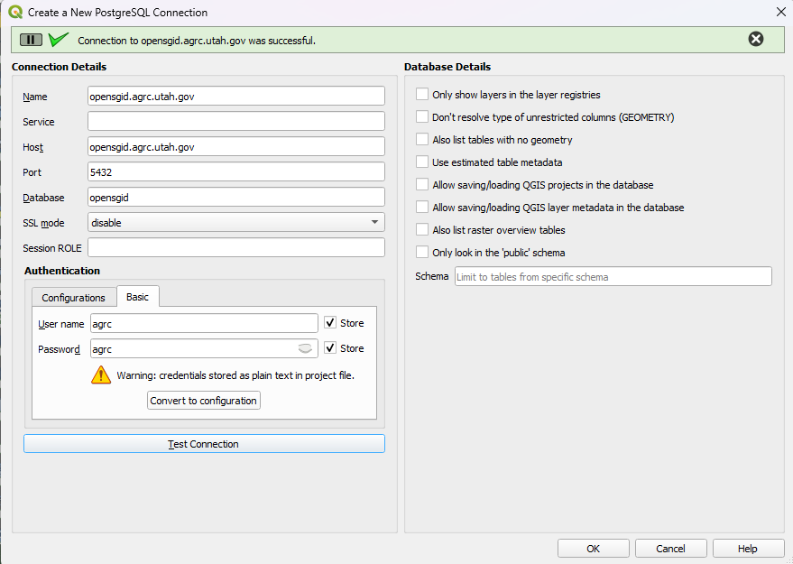 The same dialog after Test Connection, with the green success message across the top