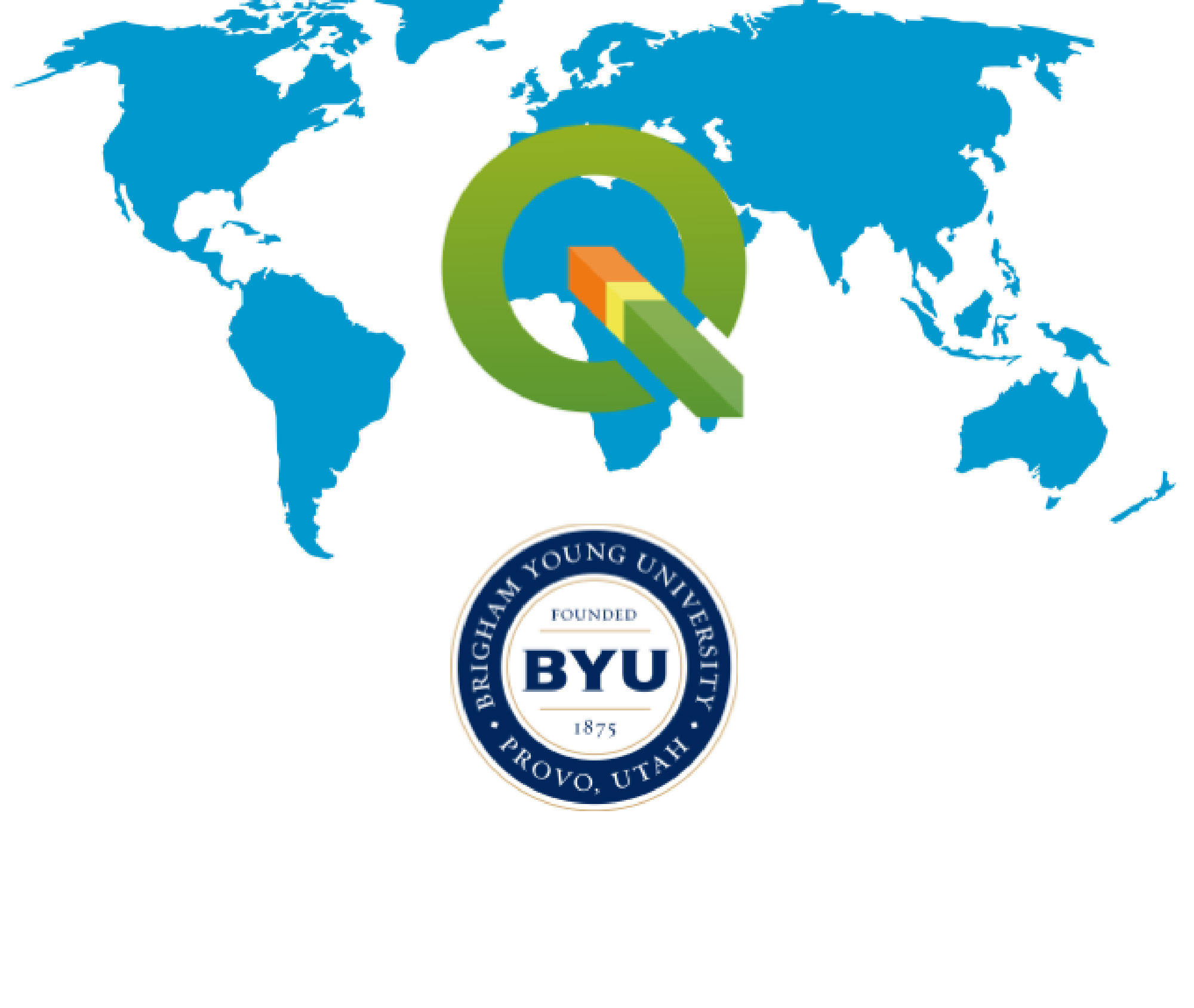 World map with QGIS and BYU logos
