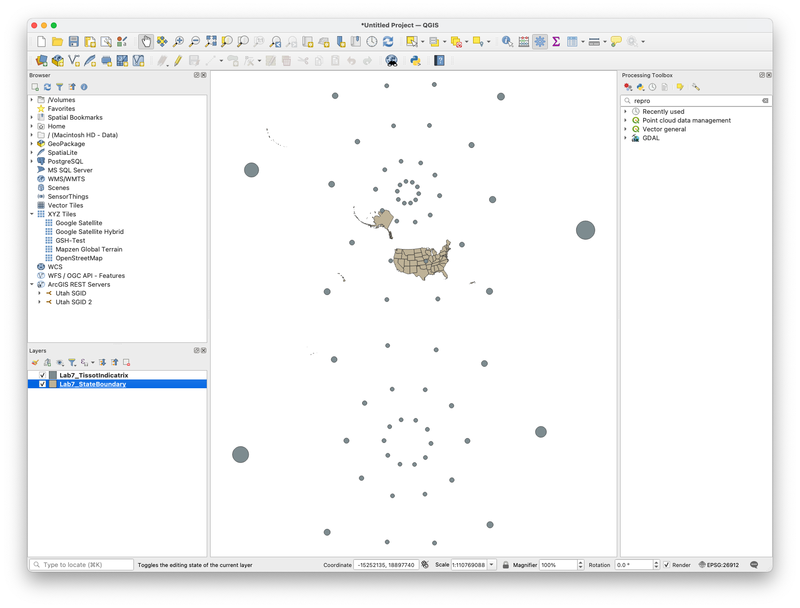 QGIS window in EPSG:26912 showing US state boundaries surrounded by Tissot indicatrix circles