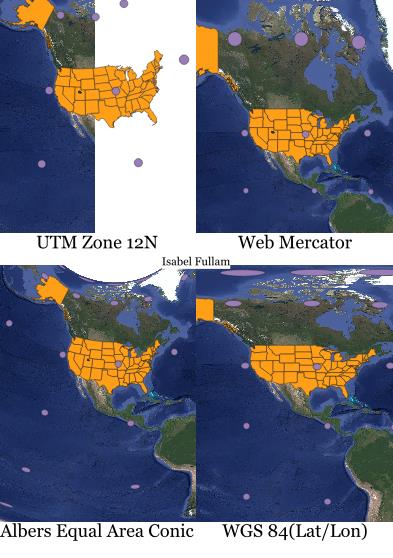 Example layout with four map frames of the United States titled UTM Zone 12N, Web Mercator, Albers Equal Area Conic, and WGS 84 (Lat/Lon), each distorting the states and Tissot circles differently