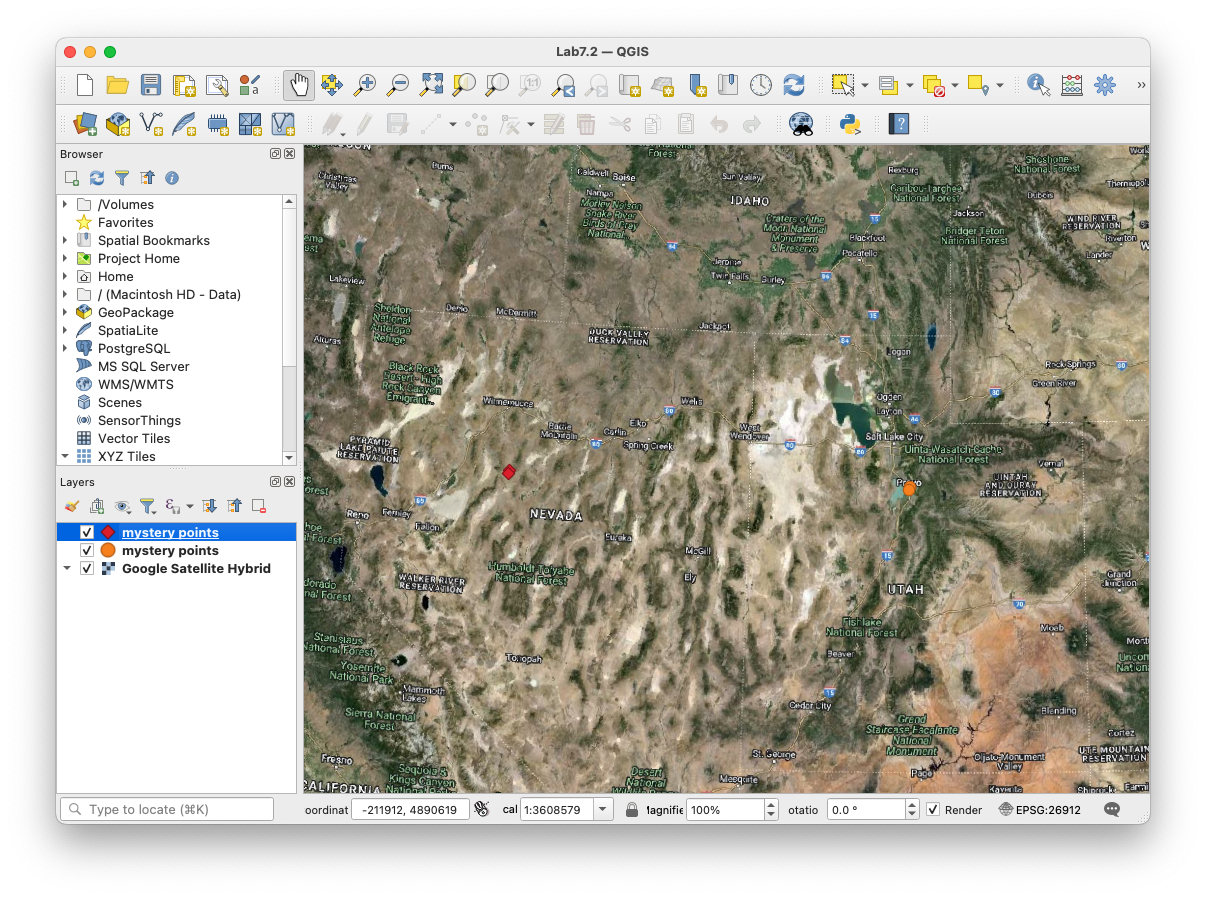 QGIS window showing the mystery points CSV added twice: one point pair in Nevada and one in Utah, differing only by the Geometry CRS used