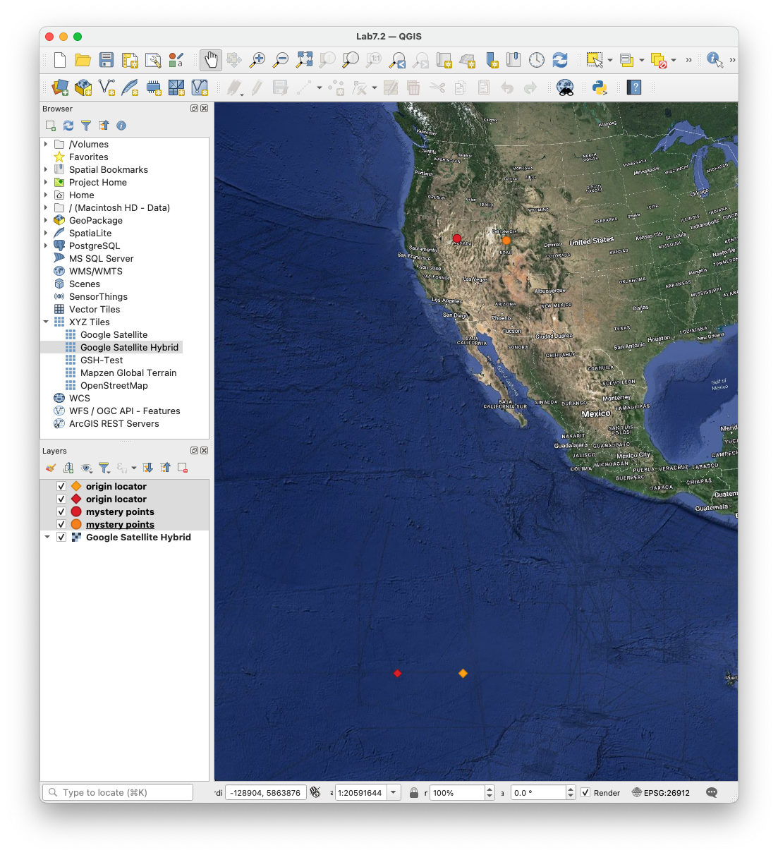QGIS window zoomed out to show all point layers: mystery points over the western United States and the two origin locator points far offshore on the equator