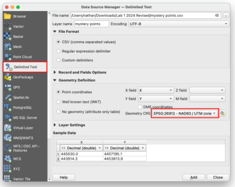 Data Source Manager Delimited Text tab with the mystery points CSV loaded, with the Delimited Text tab and the Geometry CRS dropdown highlighted