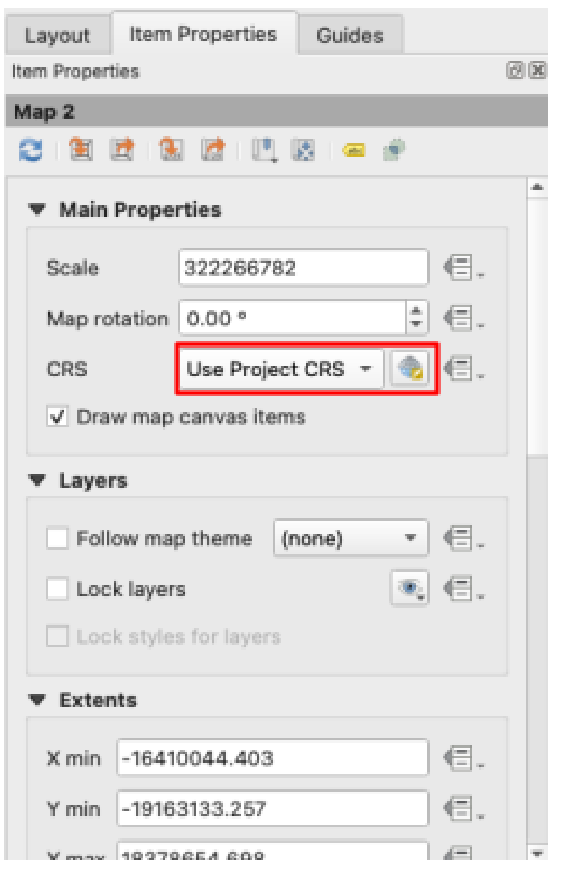 Layout Item Properties panel with the CRS setting under Main Properties highlighted