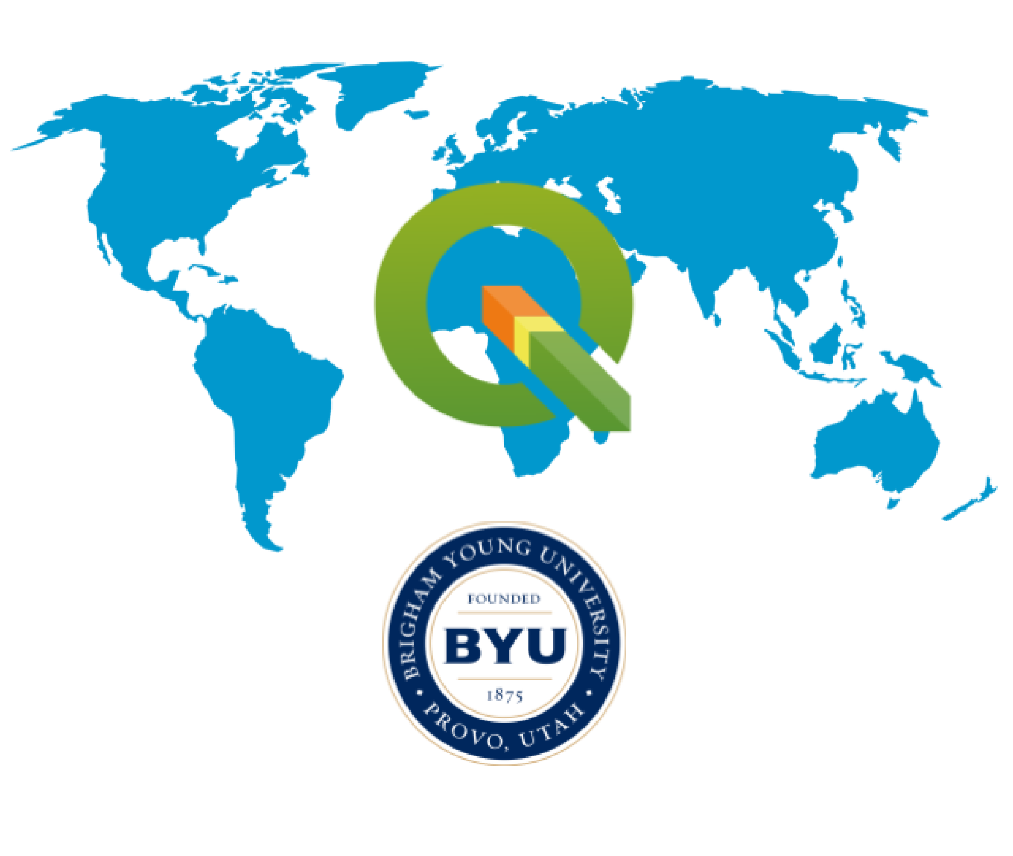 World map with QGIS and BYU logos