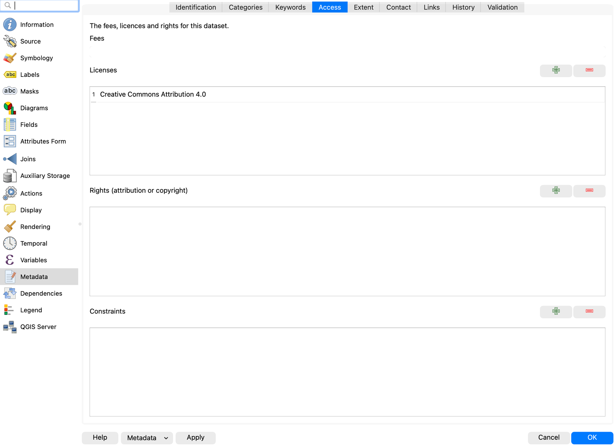 Metadata Access tab with Creative Commons Attribution 4.0 added to the licenses list