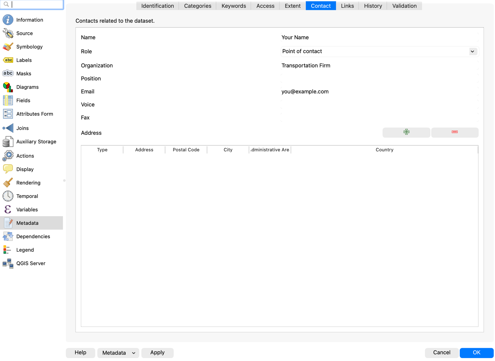 Metadata Contact tab with a contact name, organization and email filled in