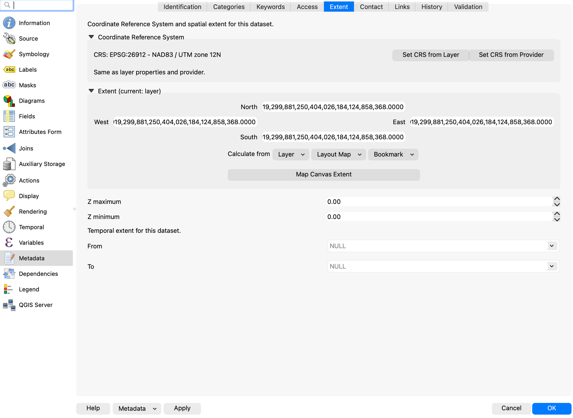 Metadata Extent tab showing the coordinate reference system for the layer