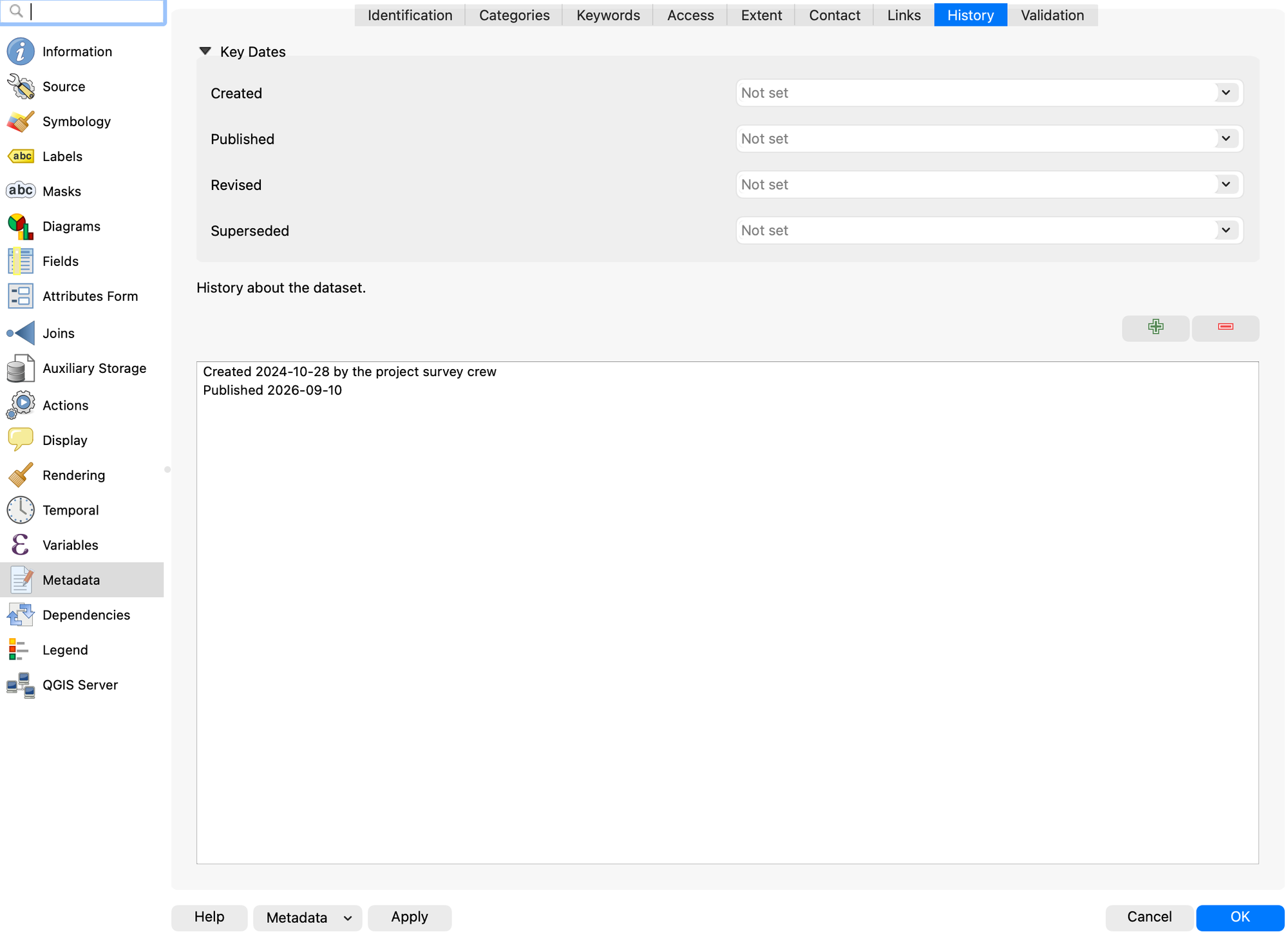 Metadata History tab listing the created and published history entries
