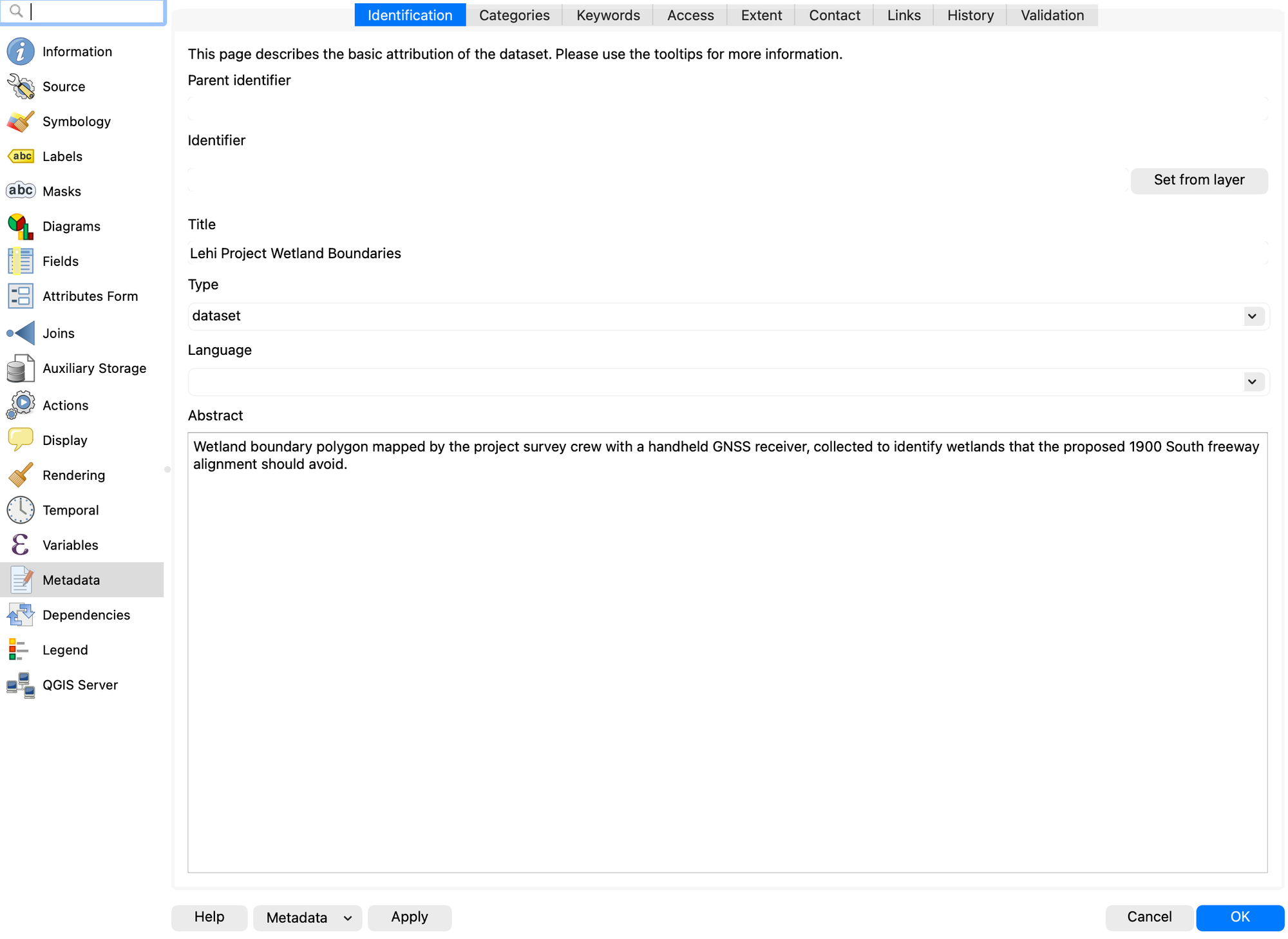 Layer Properties Metadata page, Identification tab, with the Title and Abstract filled in and the Metadata dropdown visible at the bottom left