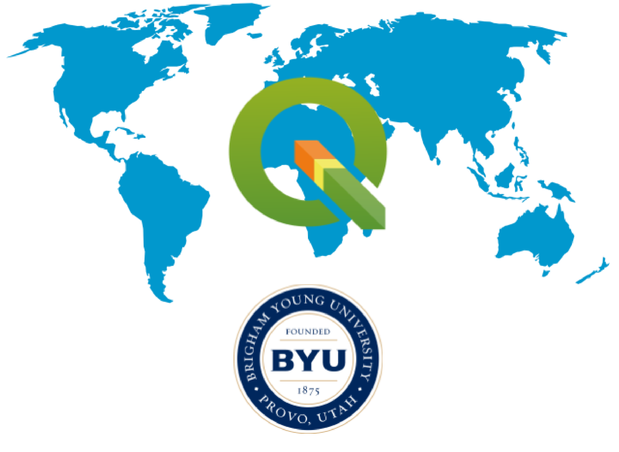 World map with QGIS and BYU logos