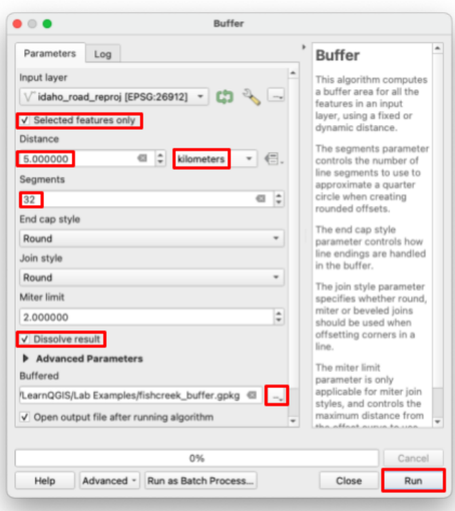 Buffer dialog for the roads layer with Selected features only checked, distance of 5 kilometers, 32 segments, Dissolve result checked, and the save ellipses and Run button highlighted