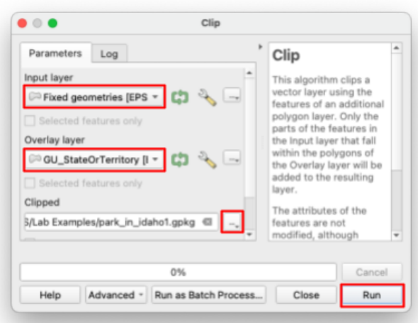 Clip dialog with the Fixed geometries input layer, GU_StateOrTerritory overlay layer, and the Clipped save ellipses and Run button highlighted