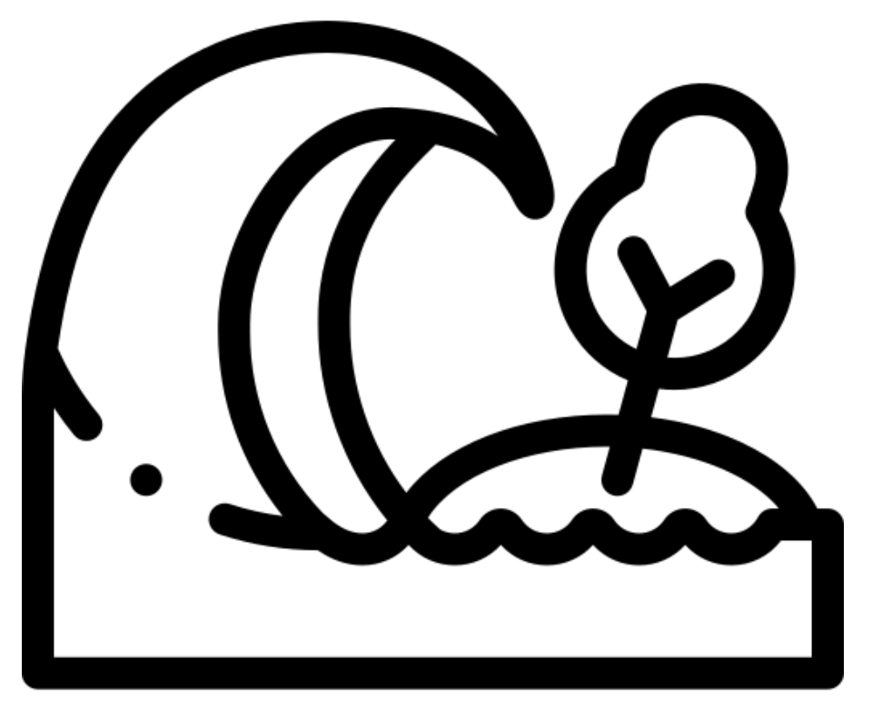 Line-art icon of a large wave flooding land with a tree