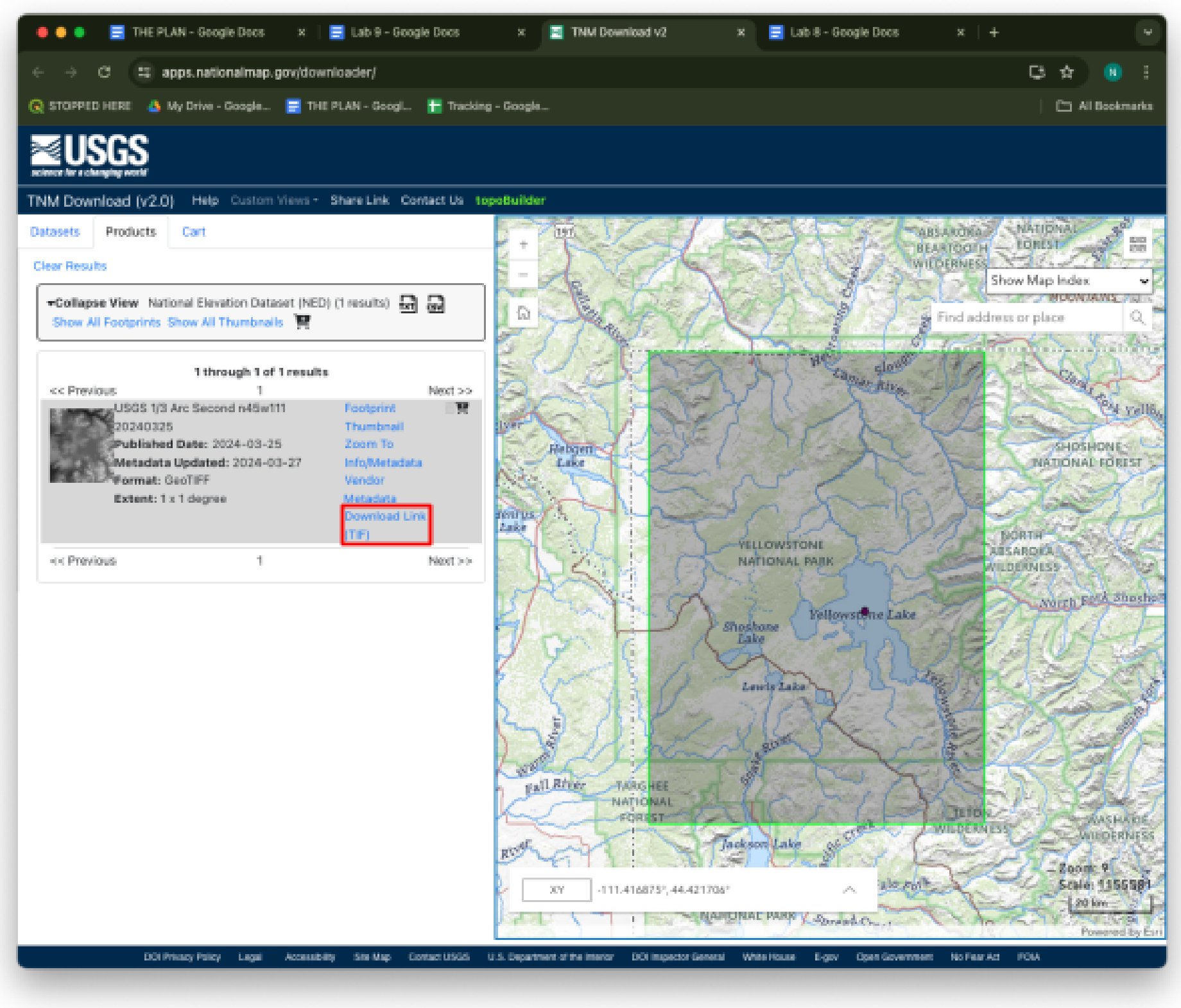TNM Download search results showing the USGS 1/3 Arc Second n45w111 elevation dataset with the Download Link (TIF) highlighted, next to a map of Yellowstone with the dataset footprint outlined