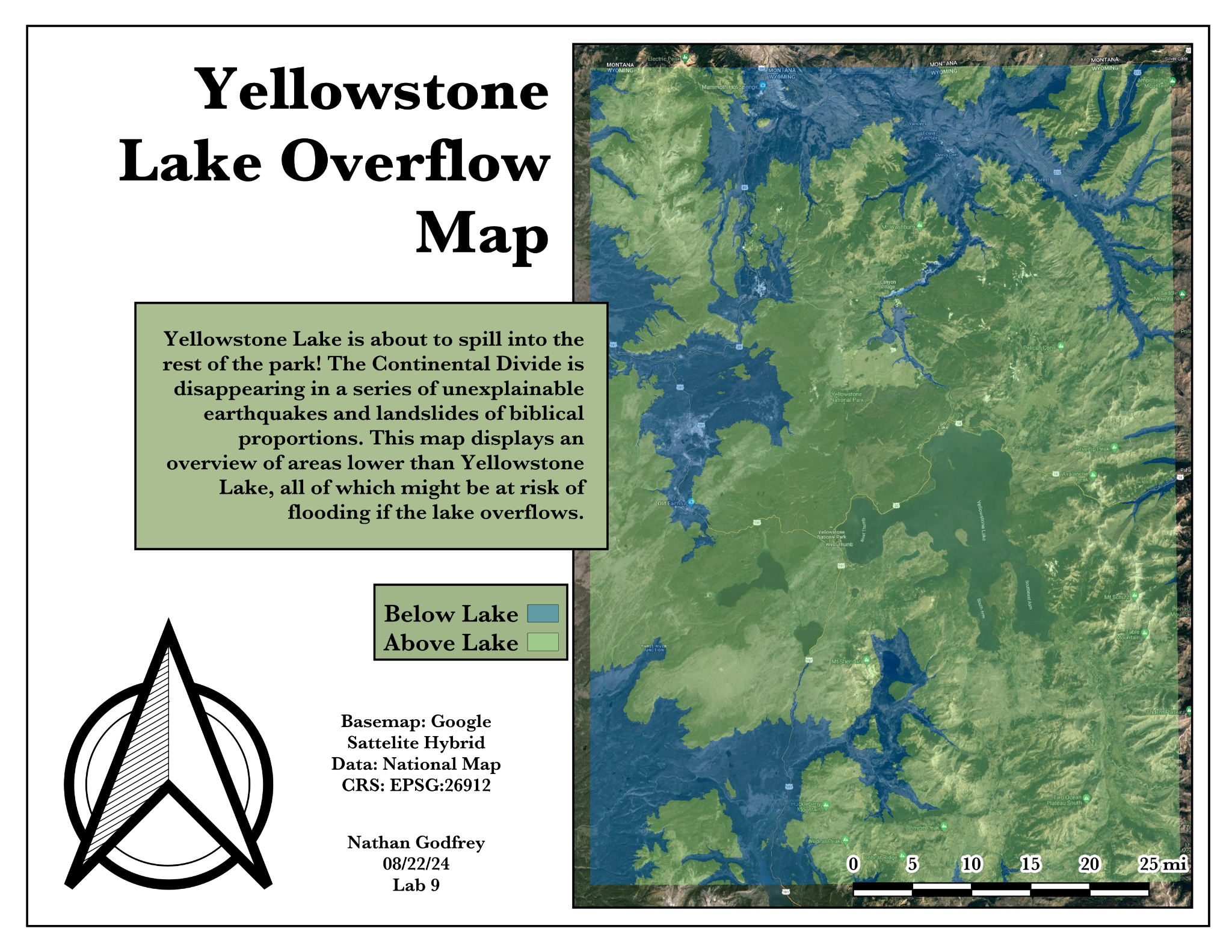 Example Part 1 layout: Yellowstone Lake Overflow Map with title, context text box, Below Lake/Above Lake legend, north arrow, citations, and scale bar