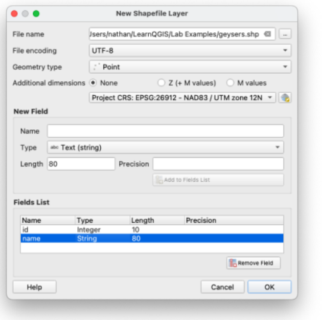 New Shapefile Layer dialog with Point geometry type, Project CRS EPSG:26912, and a text field named “name” added to the Fields List
