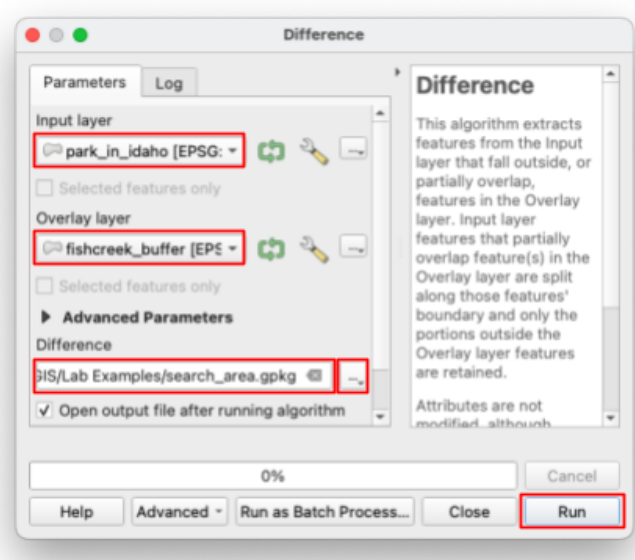 Difference dialog with the park_in_idaho input layer, fishcreek_buffer overlay layer, and the search_area.gpkg output and Run button highlighted