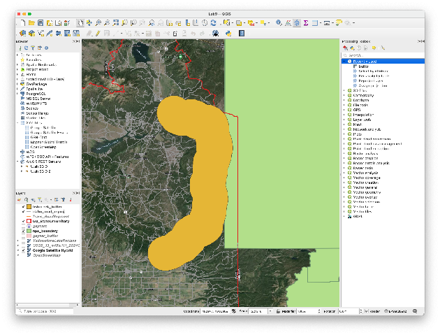 QGIS window showing the Fish Creek Road buffer in yellow, the Idaho state boundary in red, and the green NPS boundary polygons over a satellite basemap