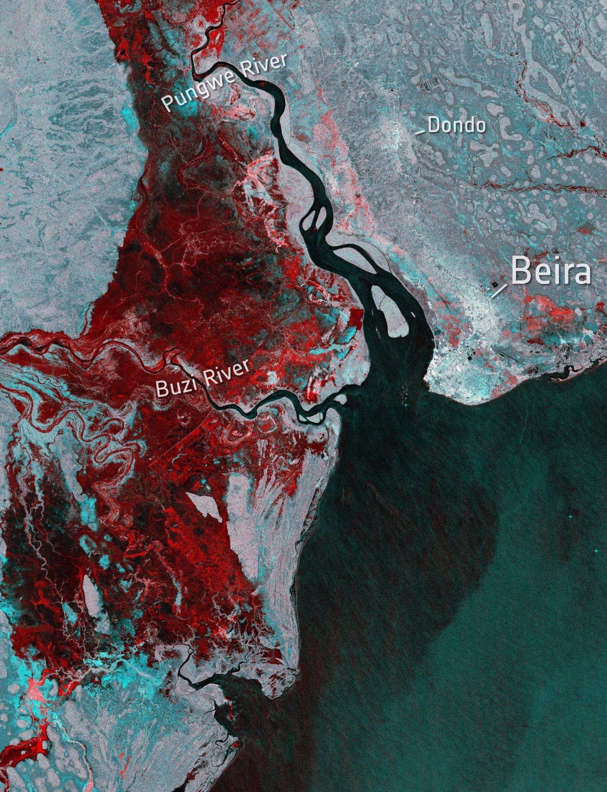 Sentinel satellite image of the Beira area with the Pungwe and Buzi rivers labeled and flooded land shown in red