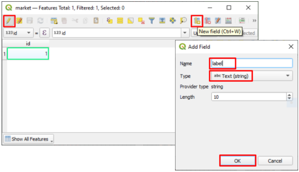Market attribute table in edit mode with the New Field button pressed and an Add Field dialog naming a text field called label