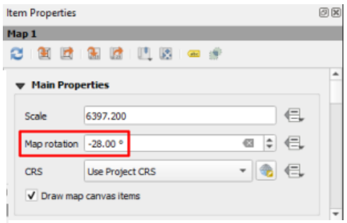 Layout Item Properties panel with Map rotation set to -28 degrees highlighted