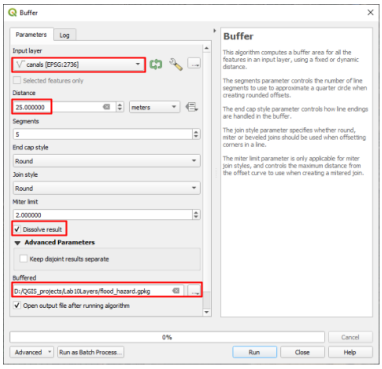 Buffer tool dialog with the canals input layer, 25 meter distance, Dissolve result checked, and output saved as flood_hazard.gpkg highlighted