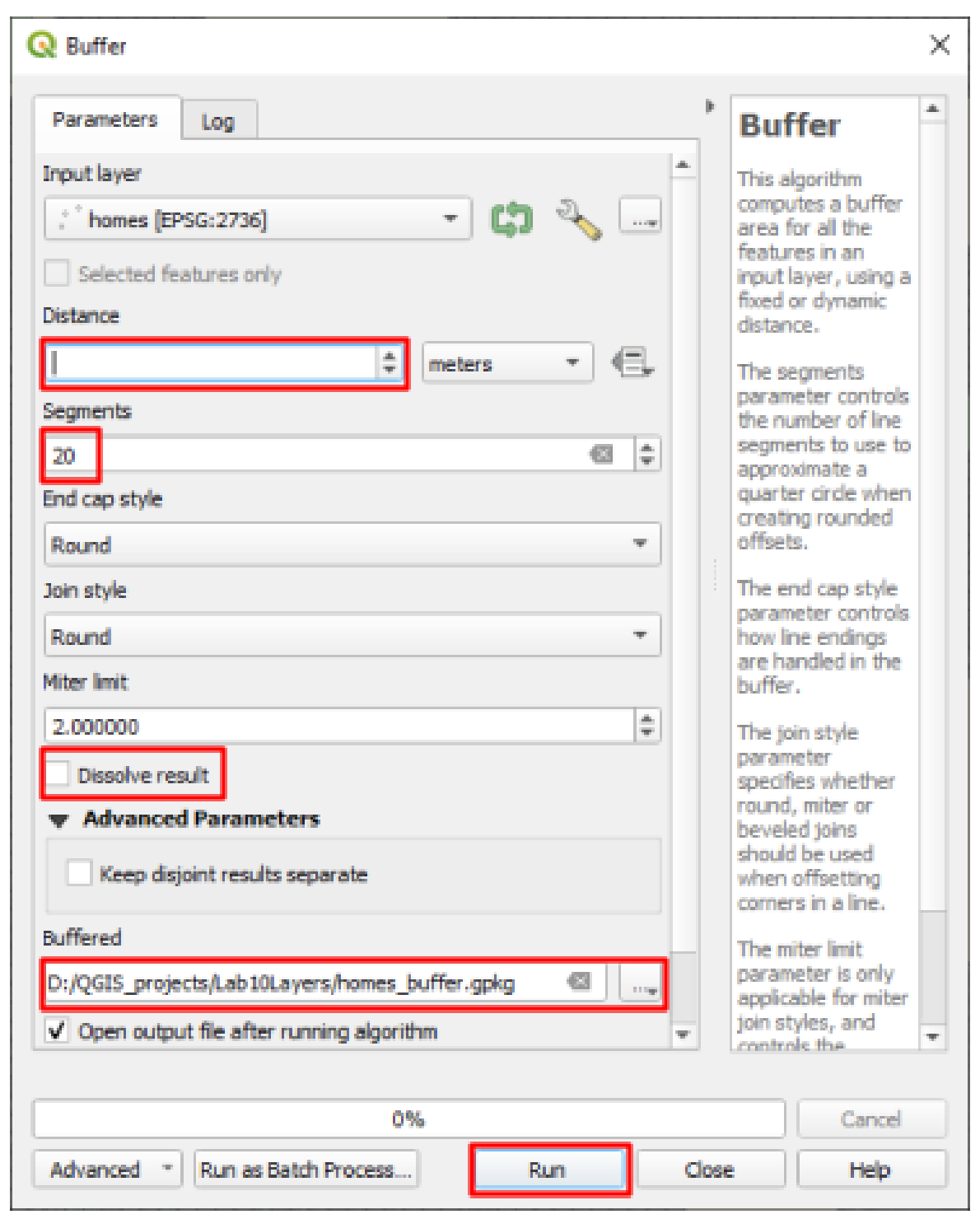 Buffer tool dialog for the homes layer with the distance box, Segments raised to 20, Dissolve result unchecked, and output saved as homes_buffer.gpkg highlighted