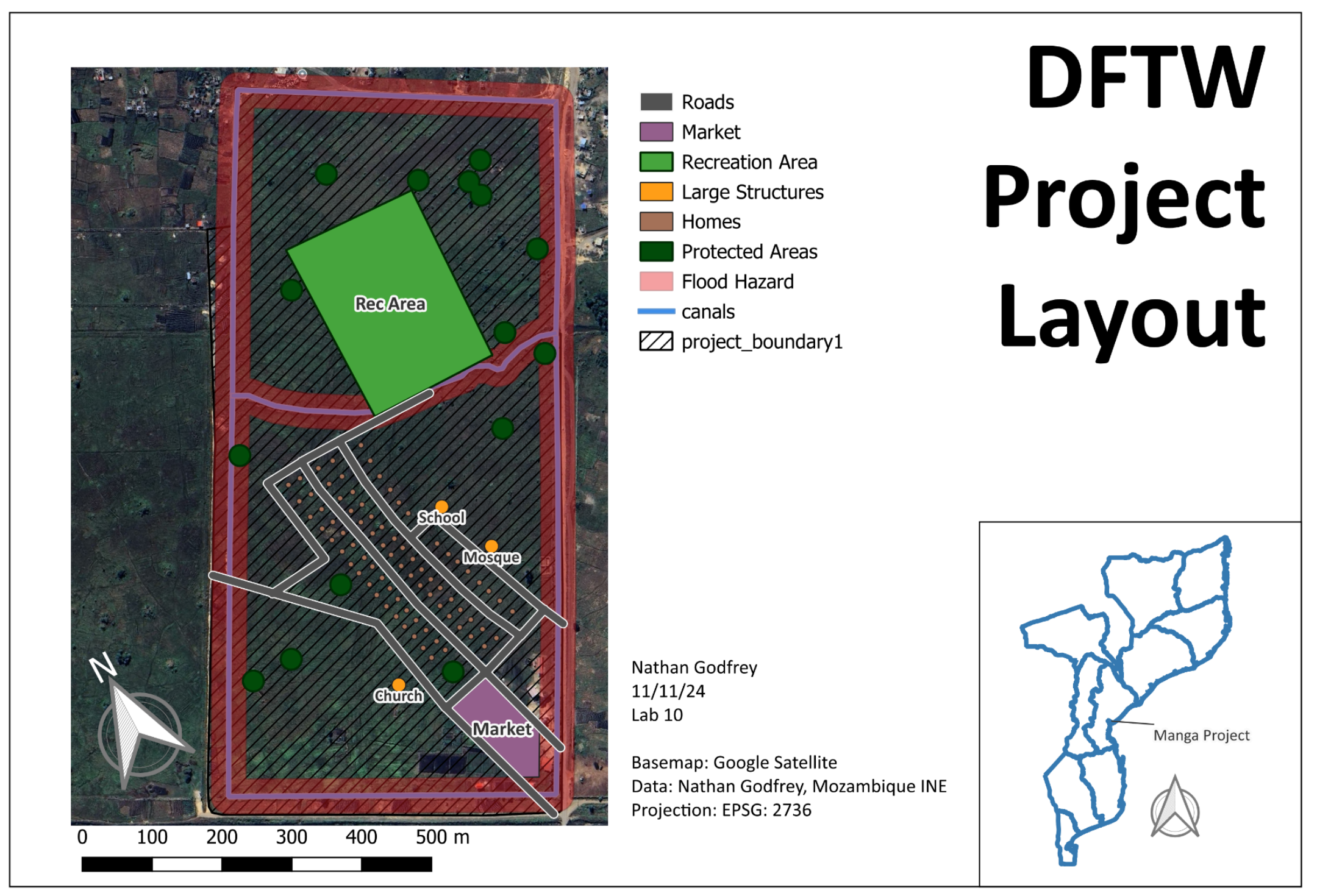 Example DFTW Project Layout with the site map, legend, scale bar, north arrow, author information, and an inset locator map of Mozambique