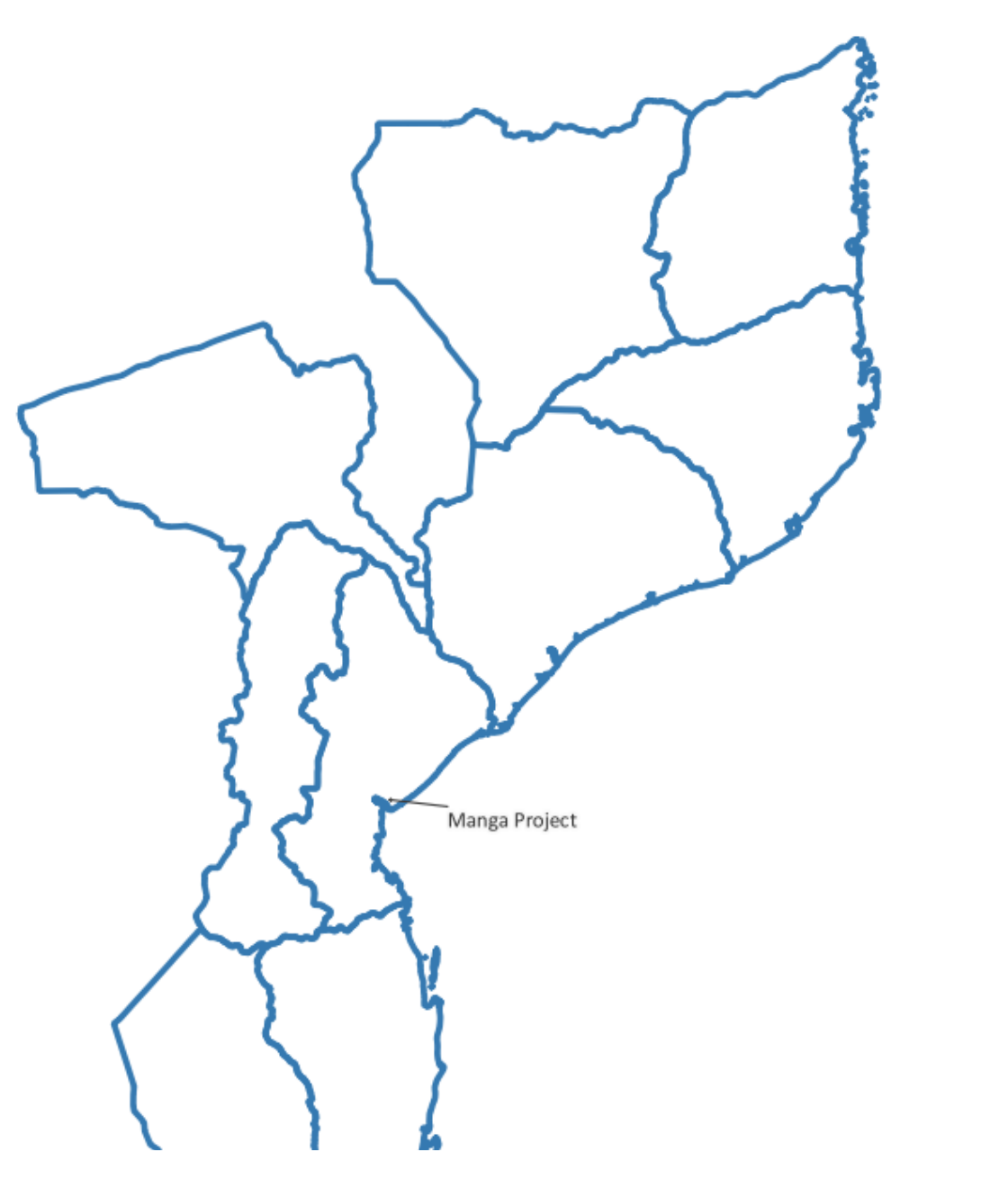 Mozambique province outlines with a label pointing to the Manga Project location
