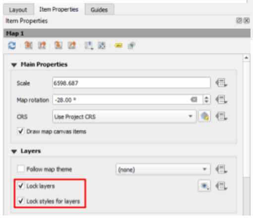 Layout Item Properties panel with the Lock layers and Lock styles for layers checkboxes highlighted