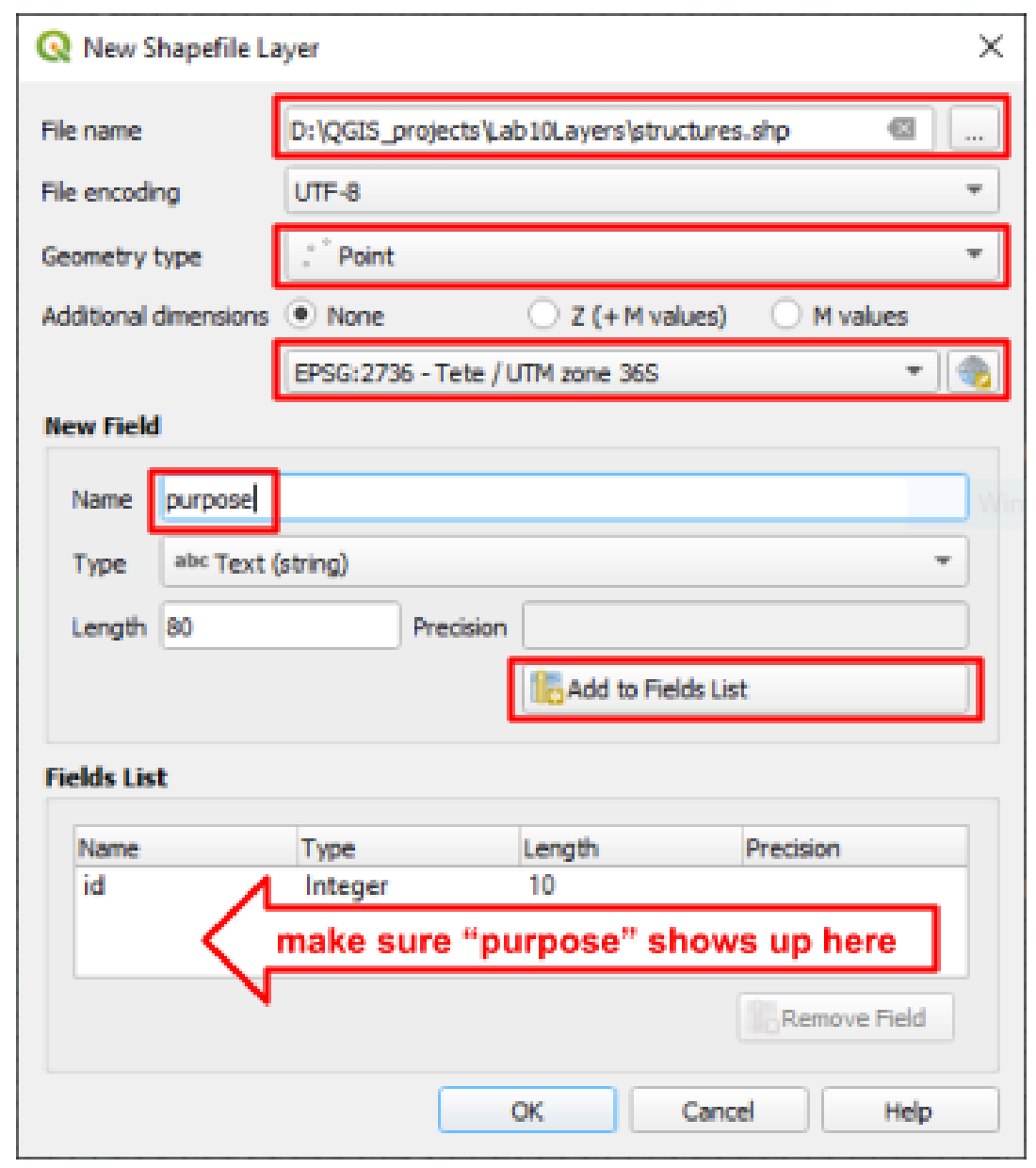 New Shapefile Layer dialog with Point geometry, EPSG:2736 CRS, a new text field named purpose, and the Add to Fields List button highlighted