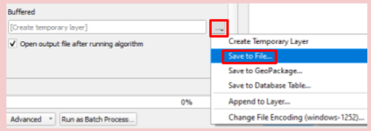 Buffered output dropdown expanded with the Save to File option highlighted