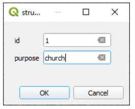 Feature attributes form for the structures layer with id 1 and purpose filled in as church