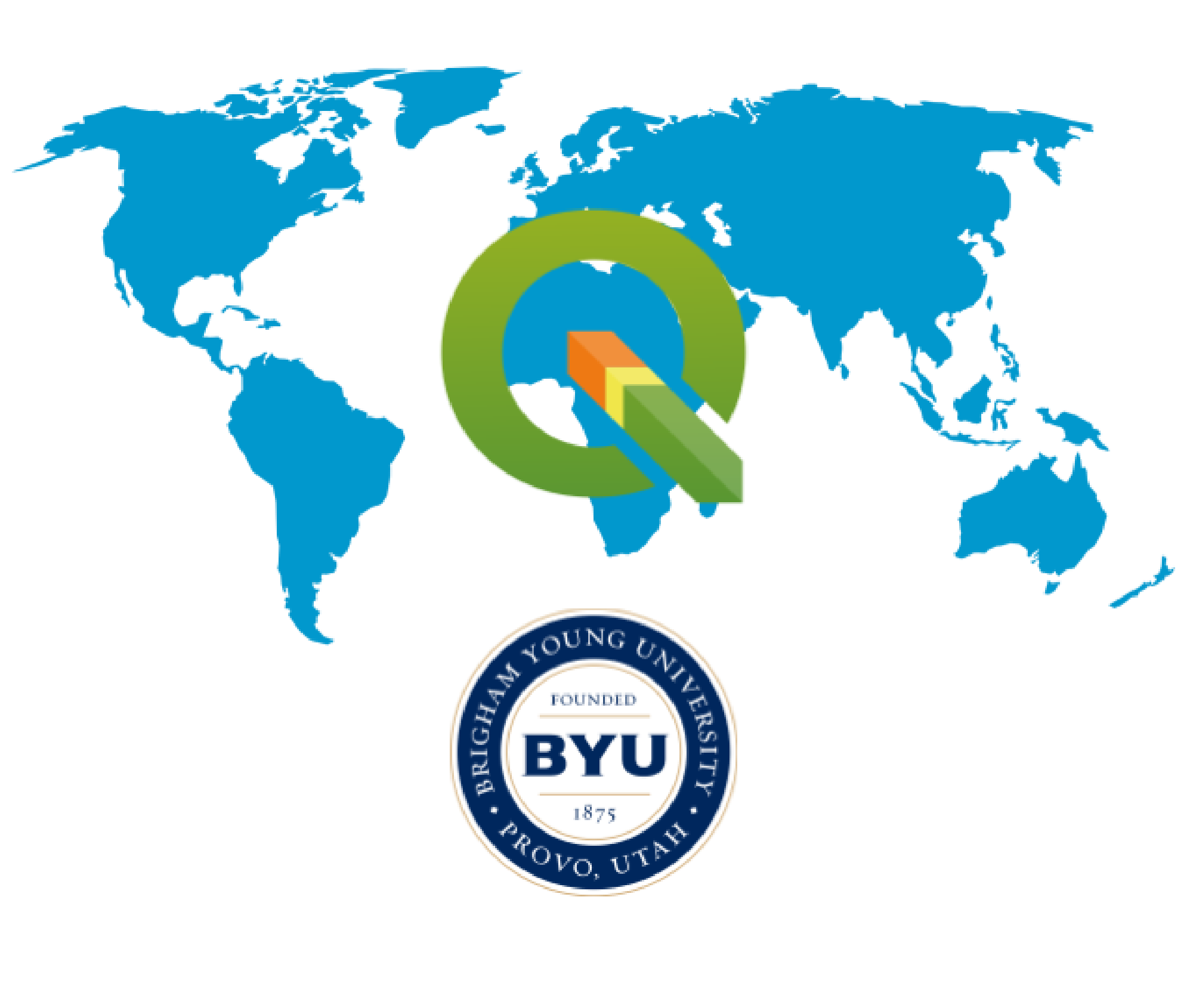 World map with QGIS and BYU logos