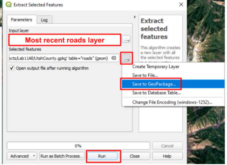 Extract Selected Features dialog with the most recent roads layer as input and Save to GeoPackage chosen for the output