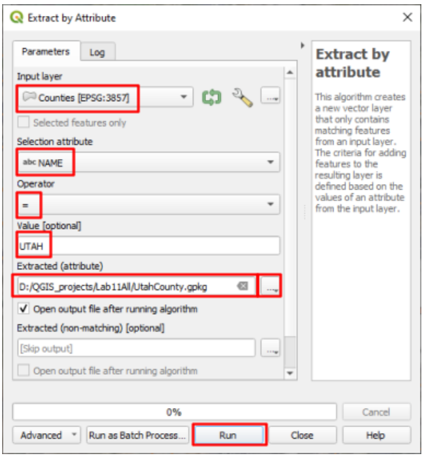 Extract by Attribute dialog extracting the Counties layer where NAME equals UTAH and saving to UtahCounty.gpkg