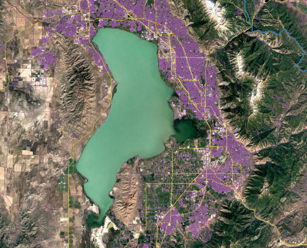 Satellite map of Utah County with the major roads (CARTOCODE 1 through 5) highlighted in yellow