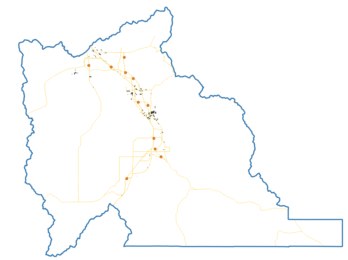 Example result: Utah County outline with small clusters of dark polygons along the I-15 corridor, existing Walmart locations shown as orange dots