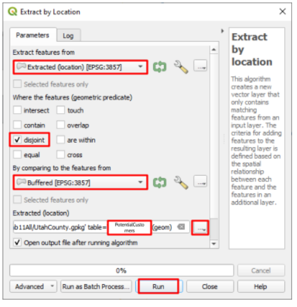 Extract by Location dialog with the disjoint predicate checked, comparing the extracted census blocks to the Walmart buffer and saving the PotentialCustomers table to UtahCounty.gpkg